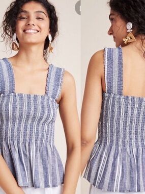 Anthropologie Maeve Smocked Peplum Tank Size Medium Linen Blend